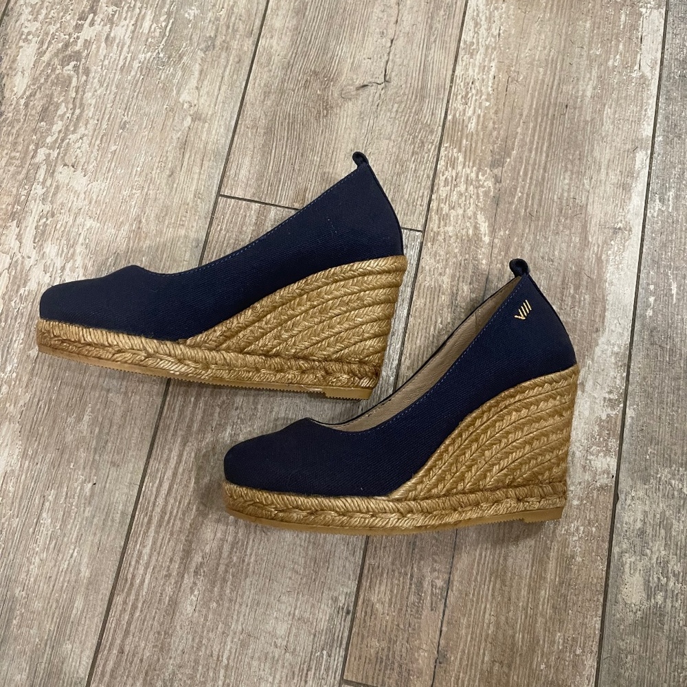 🆕 Viacata Barcelona Espadrilles  blue canvas wedge heel made in Spain size 36